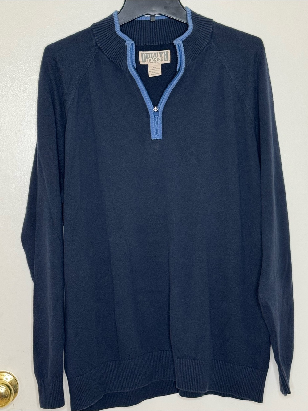 Duluth Trading Co Navy Half-Zip Sweater with Light Blue Trim